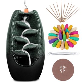Anbar Backflow Incense Burner with 120 Cones, 30 Sticks, Tongs, and Table Mat, Natural Aromatherapy with Ceramic Smoke Waterfall, Supports Meditation and Relaxation, Home Decor (Green)