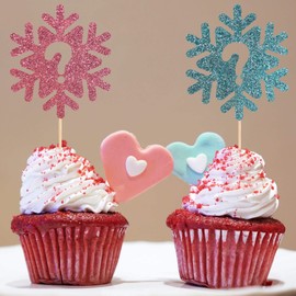 SECREDEN 24Pcs Gender Reveal Cupcake Toppers Glitter Snowflake Cupcake Toppers Boy or Girl Cupcake Picks Kids Birthday Baby Shower Party Decoration Supplies