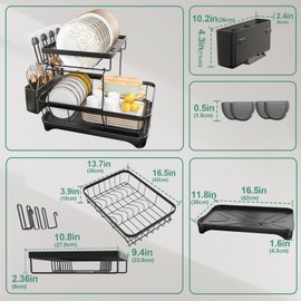 HOMEAILIE Dish Drying Rack, 2-Tier Large Dish Drying Rack for Kitchen Counter – Space Saving Dish Drainer Organizer with Utensil Holder and Cutlery Tray, Black
