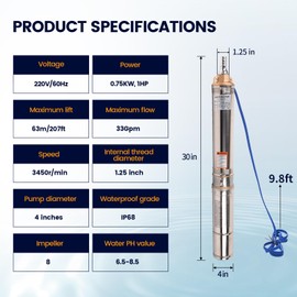 Doppy 4" Deep Well Submersible Pump, 1HP/220V/60Hz,207 Ft Head/33gpm,with 49 ft Electric Cord Stainless Steel Water Pump,With 1.25" NPT Connector, for Irrigation,Farms,Industrial,Home