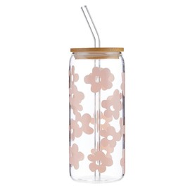 Santa Barbara Design Studio Cold Brew Glass Tumbler with Lid and Straw Sippin' Pretty Glass Cup with Bamboo Lid, 20-Ounce, Pink Floral