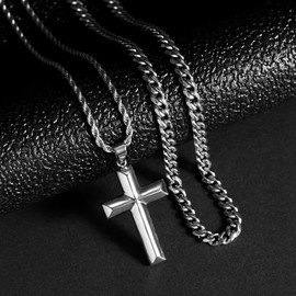 TUNGSTORY 316 Stainless Steel Cross Necklace for Men, Cuban Link Chain Beveled Edge High Polished Gift, 2Pcs Layered Cross Necklace Mens Jewelry