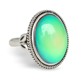FUN JEWELS Vintage Style Antique Silver Plating Brass Oval Stone Color Change Mood Ring Size Adjustable