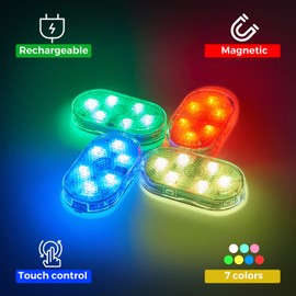 Car LED Lights Interior Magnetic Auto Interior lighting USB Rechargeable Portable LED Lights Car Night Reading Car Ambient Lighting 7 Colors (4 Pcs, 1.06 x 2.08 x 0.31 Inch)
