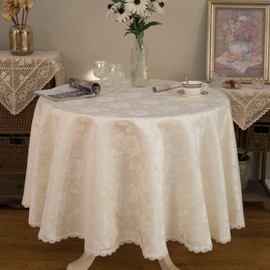 GLORY SEASON Round Tablecloth Waterproof Spillproof Lace Trim Damask Fabric Table Cloth for Wedding Kitchen Dinning Tabletop Decoration,Table Cover for Outdoor and Indoor, 70 Inch Round, Ivory White