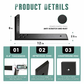 Countertop Support Brackets 3 Pack L Bracket Countertop Brackets 12" x 6" x 2.5" Heavy Duty 3/8" Thick Shelf Brackets Metal Corbels L Shape Bracket for Wood Shelf/Quartz/Granite/Concret Countertops