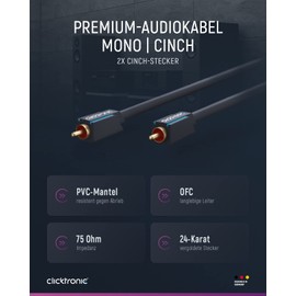 Clicktronic Male to Male Cinch Coaxial Audio Mono RCA Cable, Black, 2 Metre Length