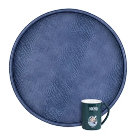 HofferRuffer Round Serving Tray 20'', Elegant Faux Leather Circle Ottoman Table Tray, Serve Tea Coffee Breakfast in Bedroom Living Room Kitchen (Blue, 20")