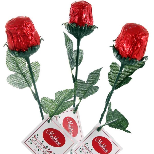Madelaine Chocolate Sweetheart Edible Roses - Solid Premium 1/2 OZ Milk Chocolate Rose Wrapped in Italian Foil (Red, 3 Pack)