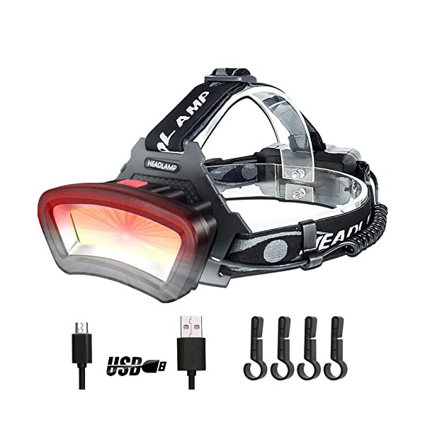 DARKBEAM Hard hat Headlamp COB LED Floodlight with Red Light USB Rechargeable 2000 Lumen Durable - Car Maintenance and Night Construction - Included Rechargeable Battery Last for 6-10 Hours