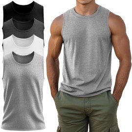 Locoowai 4 Pack Men's Sleeveless Tank Tops, Cotton Crew Neck T Shirts Casual Classic Shirts Workout Muscle Gym Solid Tees(Black, Dark Heather Gray, Light Heather Gray, White,X-Large)