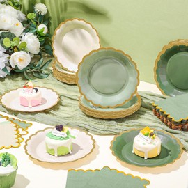 Mimorou 200 Pcs Tableware Set for 100 Guests Includes 100 7 Inch Paper Plates Scalloped Edges Dessert Plates and 100 Disposable Napkins for Birthday Wedding Bridal Baby Shower Party (Sage Green)