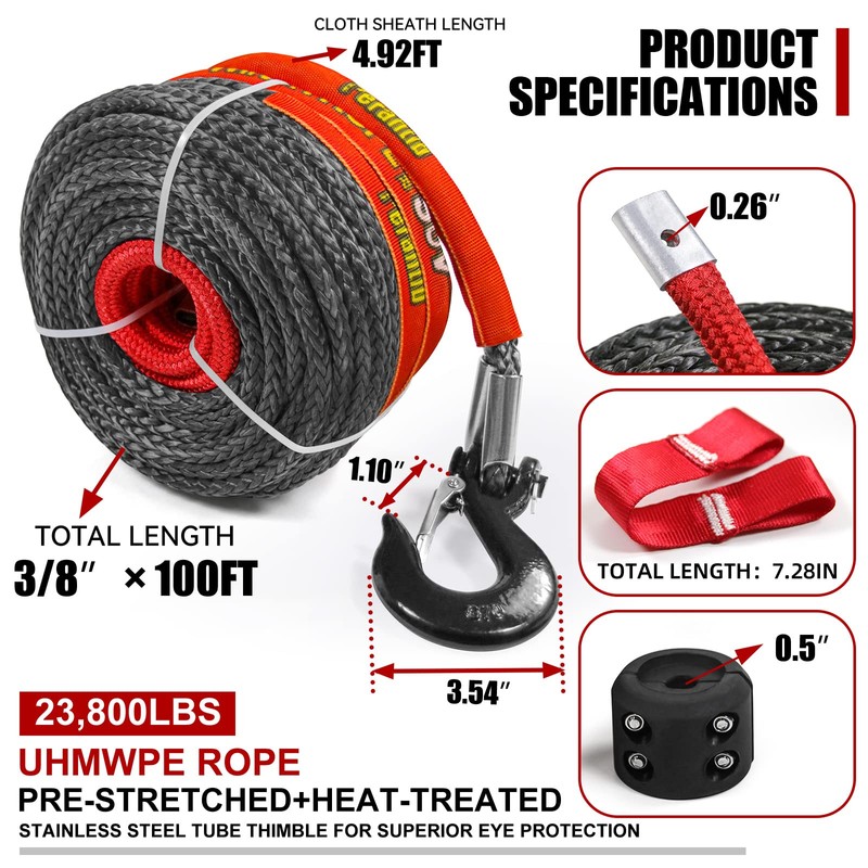 Synthetic Winch Rope 3/8" x 100'-23800 lbs Winch Line with