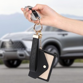 Narsikar Leather Wristlet Keychain for Women, Cute Keychain Wristlet Car Key Chain with 2 Key Ring, Anti-Lost D Ring and Mini Wallet (Black)