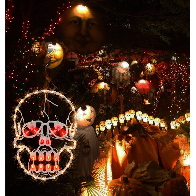 TWINGLEHOME 13.3" Lighted Skull Halloween Window Silhouette, 50 Mini Lights