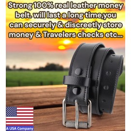 Men’s Money Full Grain leather Belt, Hidden zipper Pocket, USA,classic black,MB10,size 34