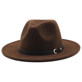 HEYANN Women's Men's Classic Wide Brim Fedora Hat with Belt Buckle Felt Unisex Trilby Hat Men's Panama Hat Jazz Hat for Women Men, coffee, M