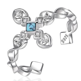 CVRAVO Cross Rings for Women 925 Sterling Silver Faith Cross Open Rings Inspirational Christian Gifts for Women, Sterling Silver, Turquoise