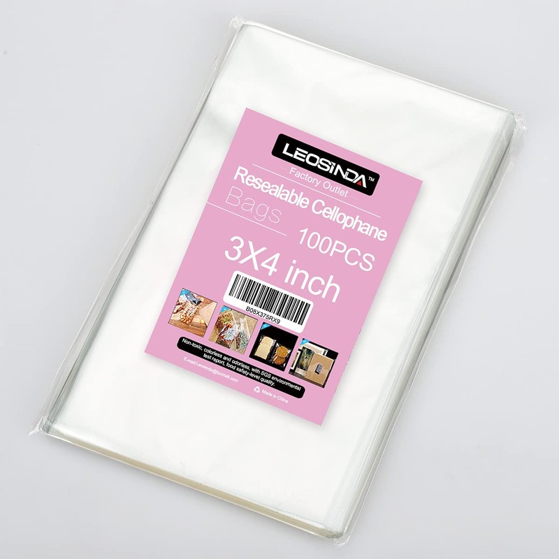 LEOSINDA 100 Pcs Clear Self Sealing Cellophane Bags,3x4 Inches Cookie