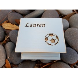 soccer ball soccer player custom made music box with a soccer ball and your son or daughter's name on the top, personalizing option to the bottom side, with your choice of color and song