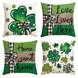 AVOIN colorlife ST Patricks Day Home Sweet Home Clover Throw Pillow Covers, 18 x 18 Inch Love Lives Here Buffalo Plaid Bow Tie Shamrock Decoration for Sofa Couch Set of 4