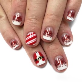 24Pcs Christmas Press on Nails Short Fake Nails Square False Nails White Red Acrylic Nails Glitter Stripe Design Stick on Nails Glossy Full Cover Stick on Nails Winter Glue on Nails for Women