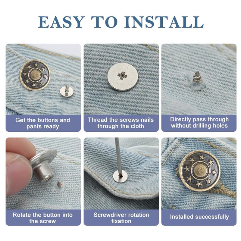 10Pcs Jeans Buttons with Threads Rivets and Screwdriver, 17mm Adjustable