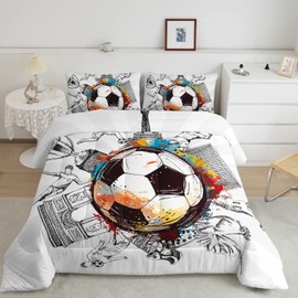 Nttopship Soccer Sports Comforter Set Twin Size,100% Soft Ultra-fine Fiber Four Season Hand Drawn Graffiti Style Comforter Set,with 1 Comforter and 2 Pillow Case