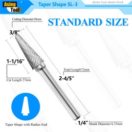 SL-3 Tungsten Carbide Burr Rotary File Taper Shape with Radius End Double Cut with 1/4" Shank for Die Grinder Drill Bit - 5Pcs