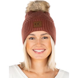 Funky Junque Warm Knit Faux Fur Pom Hat: Diagonal Stripes - Brick