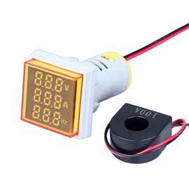 DMWD Amp Voltage Hertz Meters, Digital 3-in-1 22mm Square Multifunction Indicator Ammeter Voltmeter Hz Current LED Meter Tester Signal Lights AC60-500V 0-100A 20-75Hz (Yellow)