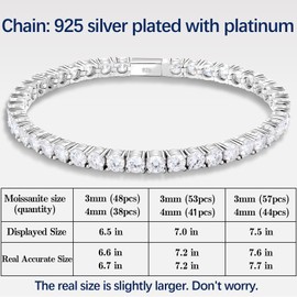 Cacupol Moissanite Tennis Bracelet for Women Men 925 Sterling Silver Diamond Bezel Pulsera White Gold Jewelry Gift for Lover Her Wife Mom Sister Mother Necklace Chain 3mm 6.5 in