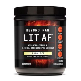 Beyond Raw LIT AF  Polvo de fuerza clínica avanzada para el entrenamiento  Contiene cafeína, L-citrulina y nitrosigina  Hielo de limón  20 porciones  