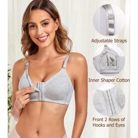 Lemorosy Women's Front Closure Cotton Bra Comfort Unpadded Wireless Everyday Bralette(Grey,38D)