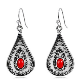 Boho Drop Earrings with Red Stone – Silver Teardrop Earrings Featuring Oval Gemstone & Intricate Detailing, Vintage Inspired Boho Jewelry for Women