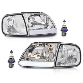 G-PLUS LED DRL Headlights & Corner Parking Lights Compatible with Ford Expedition 1997-2002/Fit Ford F150 1998-2003 Bumper Headlamps Left & Right Clear Lens Chrome Housing Clear Reflector