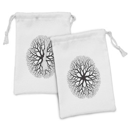 Lunarable Tree of Life Fabric Pouch Set of 2, Branching Central Core Splendor Lodging Field Extension Retro Art, Small Drawstring Bag for Toiletries Masks and Favors, 9" x 6", Black White