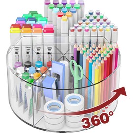 AUMA Acrylic Pen Holder Pencil Organizer, 360-Degree Rotating Pencil Holder, Crayon Organizers for Kids Marker Holder Caddy Art Supply Organizer for Desk, Kids Desk Organizer for Office Home School
