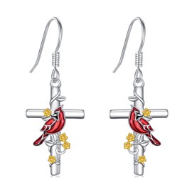 Suiknsn Cardinal Earrings for Women 925 Sterling Silver Cross Dangle Drop Earrings Hypoallergenic Cardinal Jewelry Birthday Mothes Day Gifts for Mom Wife