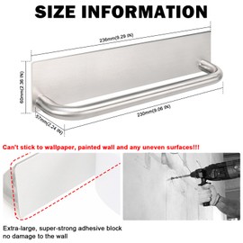 Self Adhesive Hand Towel Holder- 304 Stainless Steel Hand Towel Bar for Bathroom Kitchen Stick on Wall, Towel Ring No Drilling, 9 Inch (Brushed Nickel)