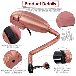 Bonnet Hood Hair Dryer Attachment: Upgraded Extra Large Adjustable Soft Dryer Caps - Easy to Use for Natural Curly Textured Hair Care Styling Fast Drying - Rose Gold