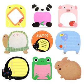 Qufiiry 32 Packs Cartoon Sticky Notes, 640 Sheets Animal Sticky Notes Set, Cute Kids Message Note, Party Bag Fillers for Kids, 20 Sheets per Pad for Students Home