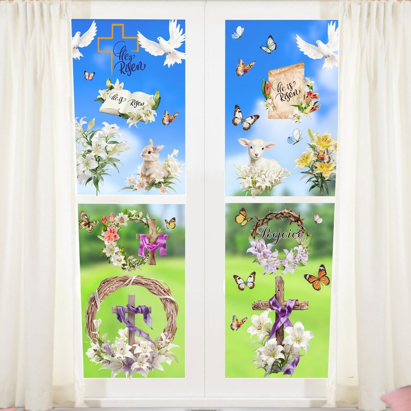 AhfuLife He is Risen Easter Window Stickers, 9 Sheets Reusable
