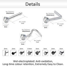 Stainless Steel Fake Nose Studs Nose Rings for Women Nose Rings Hoop 20G Nose Bone/L Shaped/Nose Screws Rings Set (C Set)