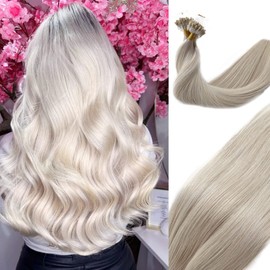 Smavida Ice white Micro Loop Human Hair Extensions for White Women 14inch Straight Soft White Blonde Per Mciro Links 9A Brazilian Remy Hair Extensions 0.1g/s Total 50g