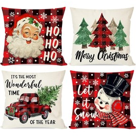 ALINK Plaid Check Christmas Throw Pillow Covers 18x18 Set of 4 for Christmas Decorations, Red and Black Vintage Christmas Santa Trees Snowman Truck, Farmhouse Holiday Decor Throw Pillows Cases