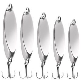 FishingPepo 5pcs Fishing Lures Spoons Trout Lure Hard Metal Spinner Bass Baits 5 Sizes Casting Spoon Hooks for Salmon Bass in 1/5 1/4 3/8 1/2 3/4 oz