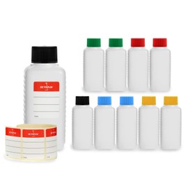 10 x 100 ml HDPE Kunststoffflaschen, Plastikflaschen, lebensmittelecht z.B. für Flugzeug, Reise, Camping, farbige Deckel