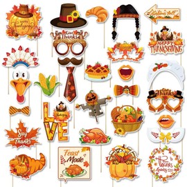 30 Pcs Thanksgiving Day Photo Booth Props with Stick, Selfie Photo Props for Friends Thanksgiving Feast Birthday Party Photo Booth, Give Thanks Fall Harvest Funny Turkey Party Decor Supplies