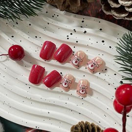 Christmas Press on Nails Short Square Red Fake Nails with Elk Pattern Designs Winter Christmas Glue on Nails Full Cover Acrylic Glossy Nails for Women 24Pcs